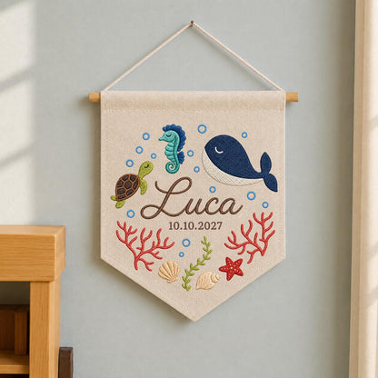 Personalized Ocean Baby Name Banner, Embroidered Whale Nursery Wall Decor, Custom Under the Sea Baby Gift, Baby Boy Room Sign