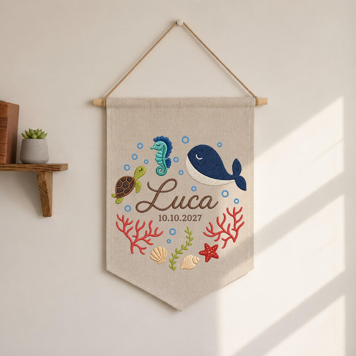 Personalized Ocean Baby Name Banner, Embroidered Whale Nursery Wall Decor, Custom Under the Sea Baby Gift, Baby Boy Room Sign