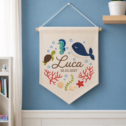 Personalized Ocean Baby Name Banner, Embroidered Whale Nursery Wall Decor, Custom Under the Sea Baby Gift, Baby Boy Room Sign
