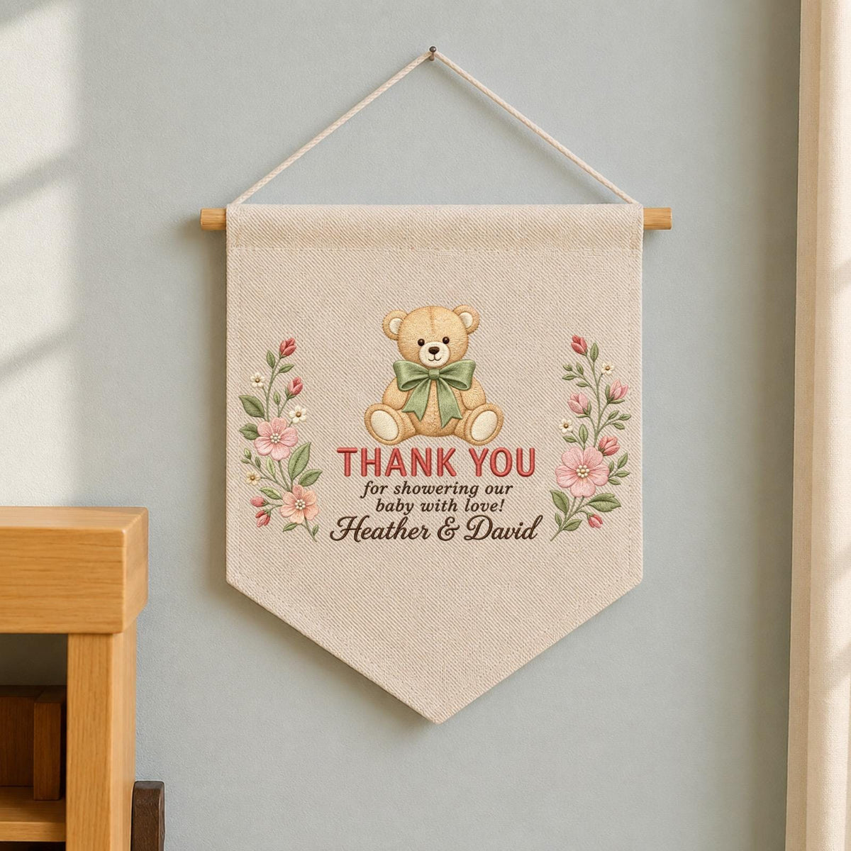 Personalized Baby Shower Thank You Banner, Embroidered Teddy Bear Floral Wall Hanging, Custom Baby Shower Decor, New Parents Keepsake Gift