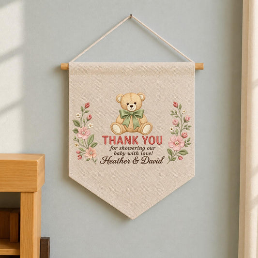 Personalized Baby Shower Thank You Banner, Embroidered Teddy Bear Floral Wall Hanging, Custom Baby Shower Decor, New Parents Keepsake Gift