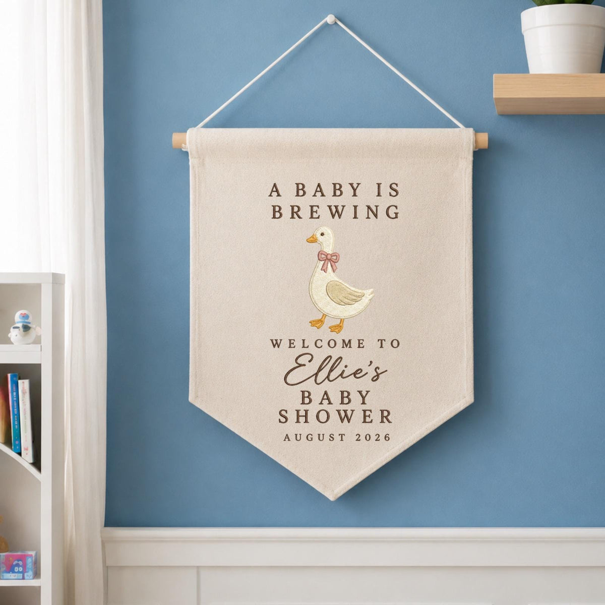 Personalized Baby Shower Banner, Embroidered Goose Baby Shower Sign, A Baby Is Brewing Decor, Custom Baby Name Wall Hanging