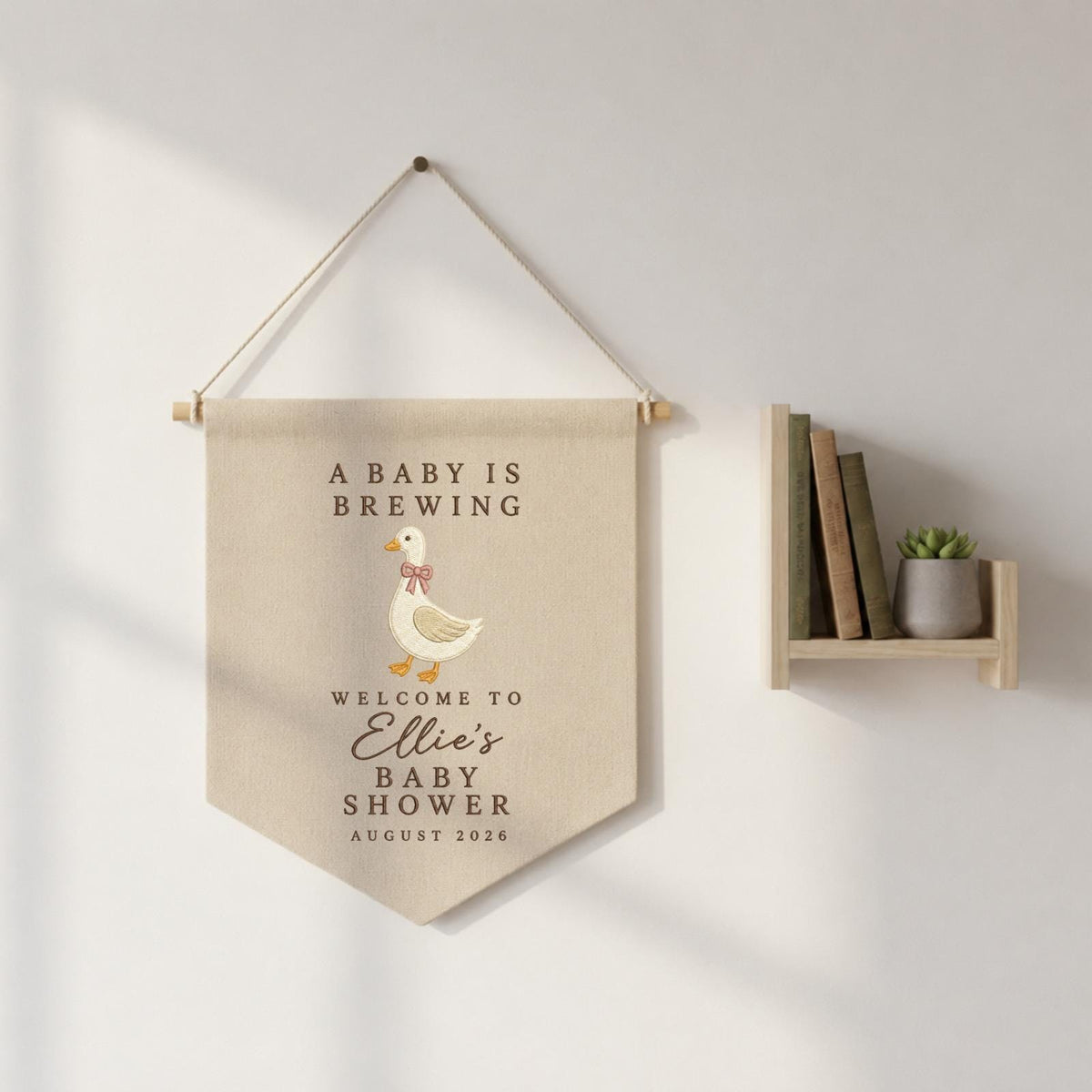 Personalized Baby Shower Banner, Embroidered Goose Baby Shower Sign, A Baby Is Brewing Decor, Custom Baby Name Wall Hanging