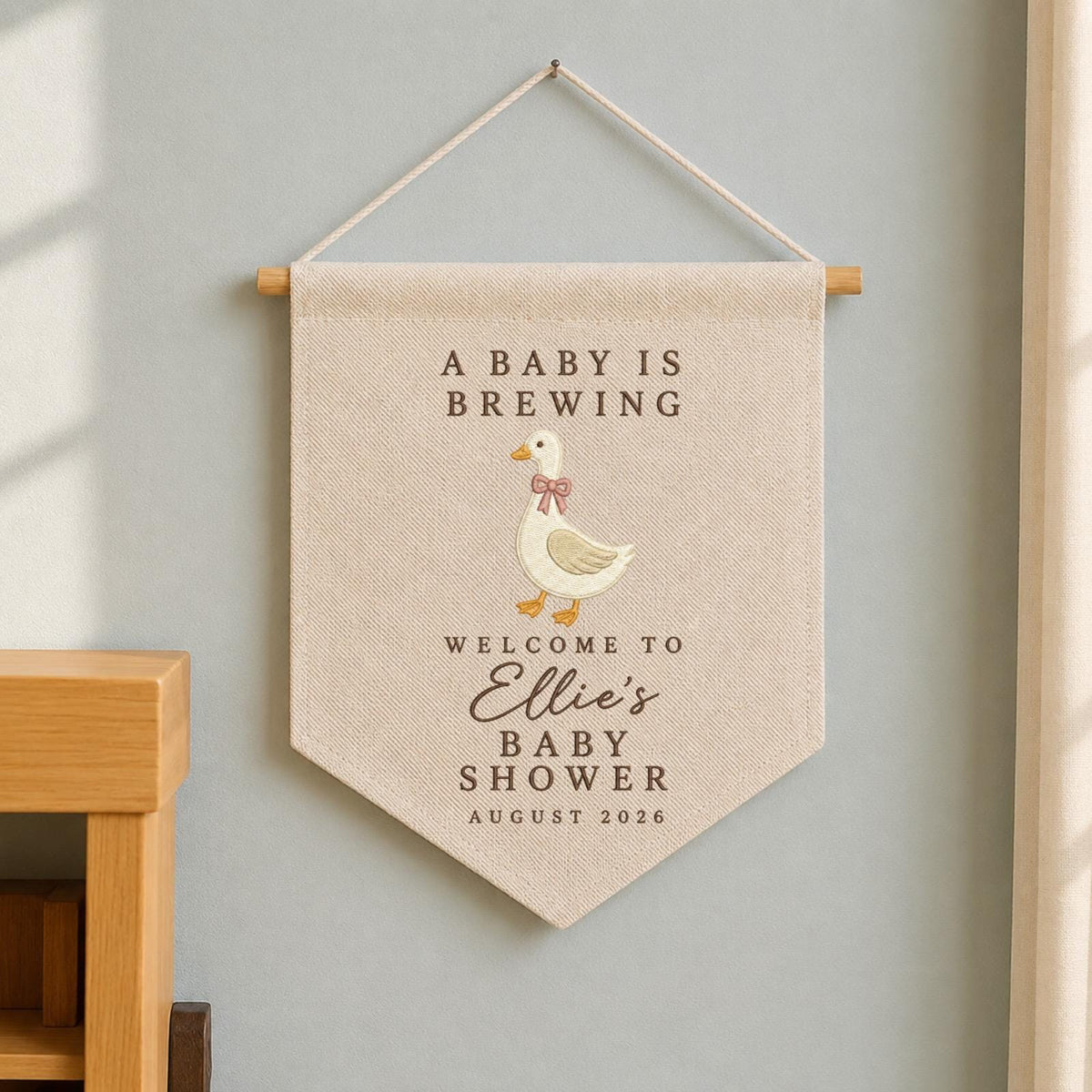 Personalized Baby Shower Banner, Embroidered Goose Baby Shower Sign, A Baby Is Brewing Decor, Custom Baby Name Wall Hanging