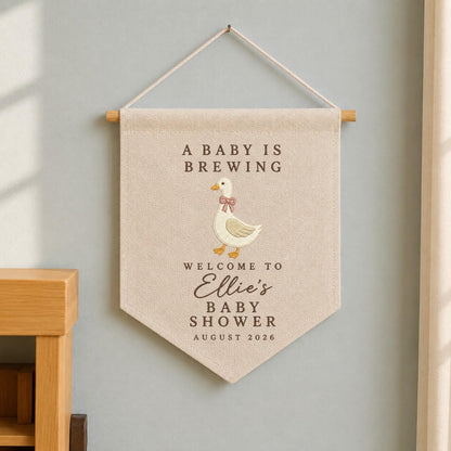 Personalized Baby Shower Banner, Embroidered Goose Baby Shower Sign, A Baby Is Brewing Decor, Custom Baby Name Wall Hanging