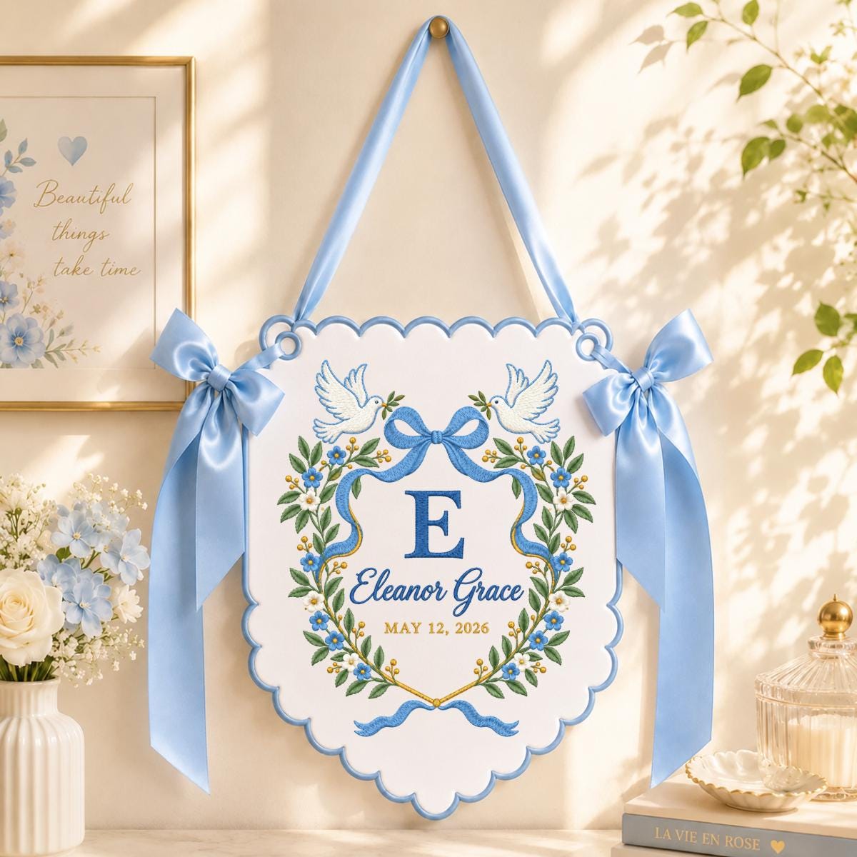 Personalized Love Birds Wall Decor Eleanor Grace Floral Banner Embroidered Initial Pink Bow Wedding Keepsake Gift Celebration