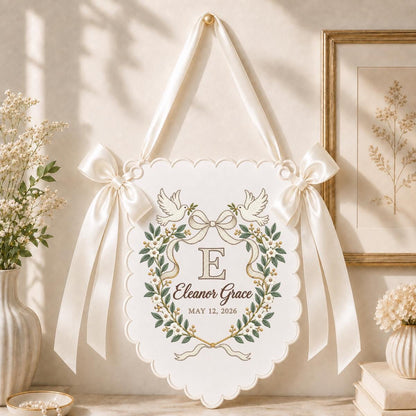 Personalized Love Birds Wall Decor Eleanor Grace Floral Banner Embroidered Initial Pink Bow Wedding Keepsake Gift Celebration