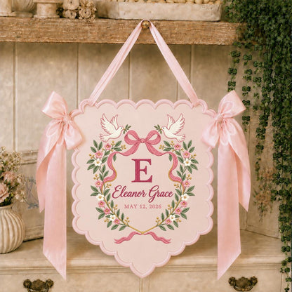 Personalized Love Birds Wall Decor Eleanor Grace Floral Banner Embroidered Initial Pink Bow Wedding Keepsake Gift Celebration