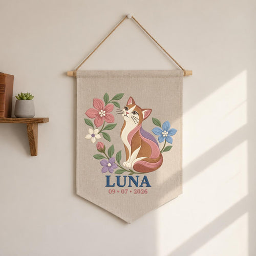 Personalized Cat Canvas Pennant Banner, Custom Name Luna Embroidered Floral Kitten Baby Girl Nursery Wall Sign Decor