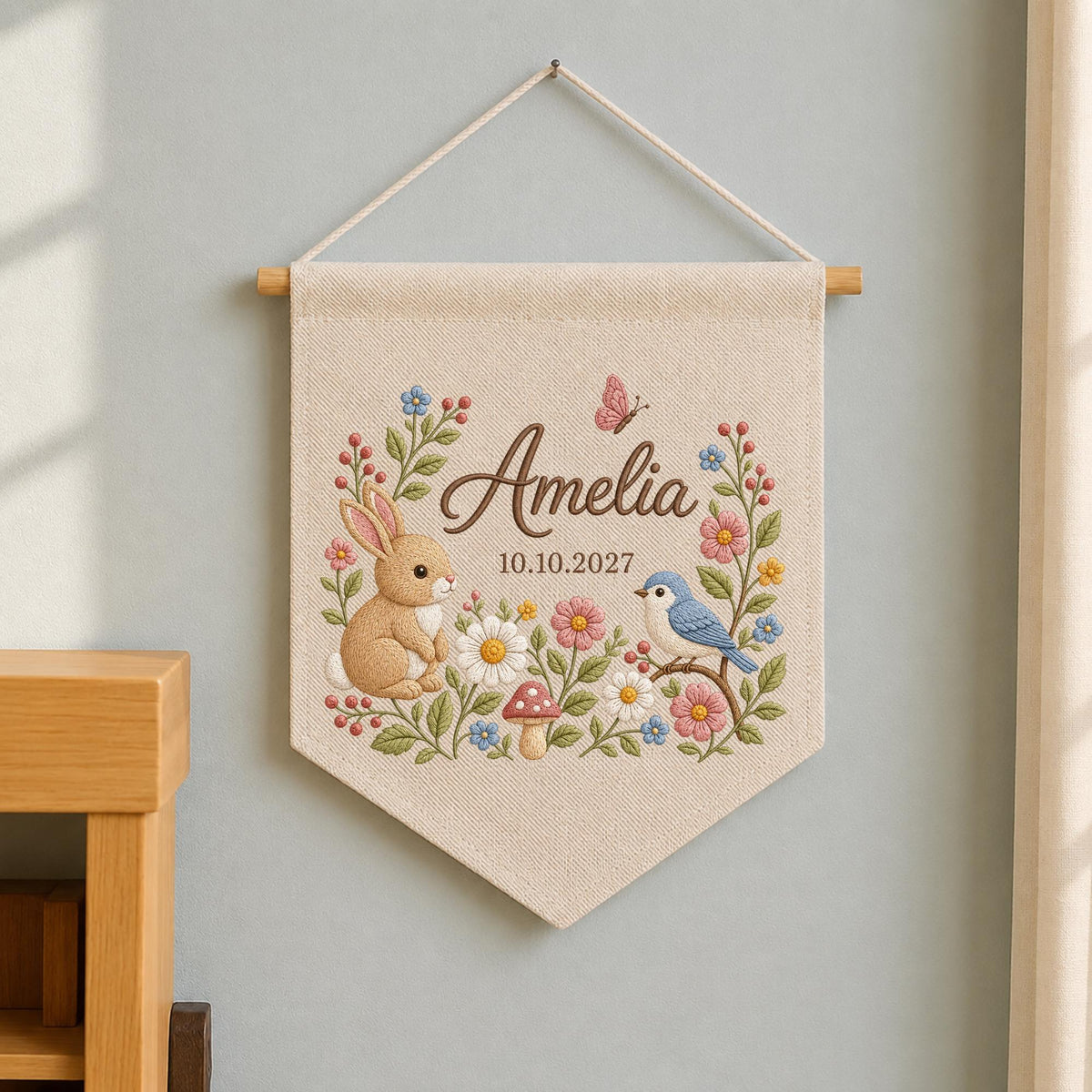 Personalized Bunny Baby Name Banner, Embroidered Wildflower Nursery Wall Decor, Woodland Baby Girl Name Sign, Custom Birth Gift