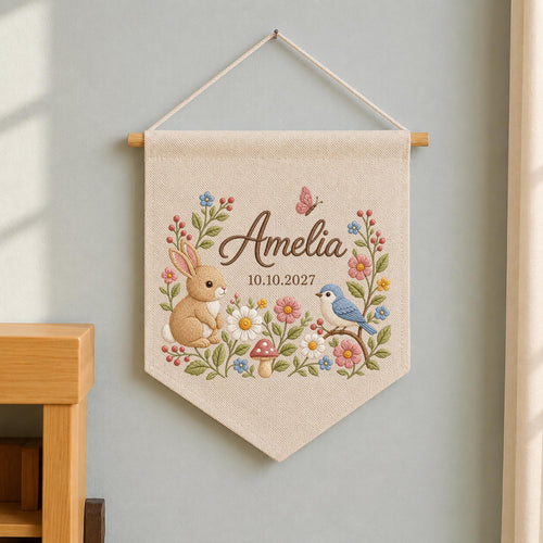 Personalized Bunny Baby Name Banner, Embroidered Wildflower Nursery Wall Decor, Woodland Baby Girl Name Sign, Custom Birth Gift