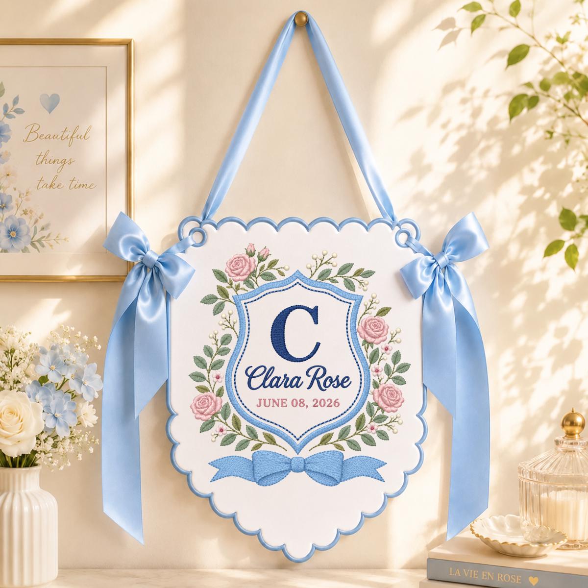 Personalized Name Banner Clara Rose Floral Wall Decor Initial Embroidered Scalloped Ornament Lavender Bow Custom Baby Girl Gift Art