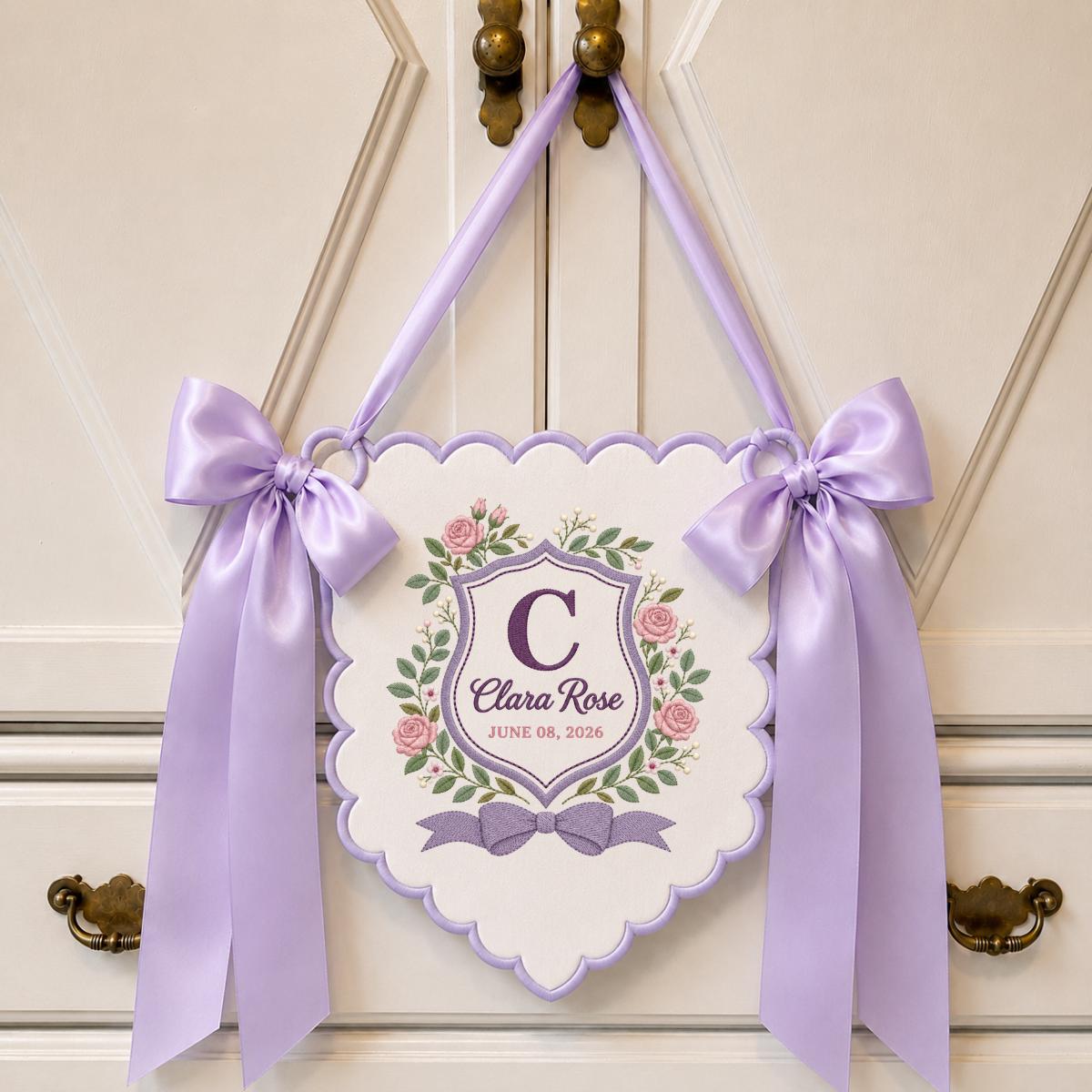 Personalized Name Banner Clara Rose Floral Wall Decor Initial Embroidered Scalloped Ornament Lavender Bow Custom Baby Girl Gift Art