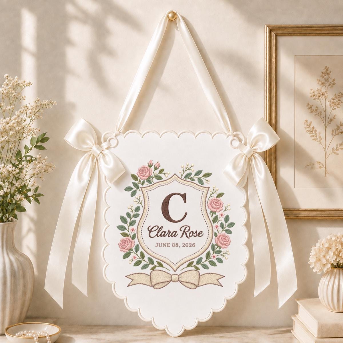 Personalized Name Banner Clara Rose Floral Wall Decor Initial Embroidered Scalloped Ornament Lavender Bow Custom Baby Girl Gift Art
