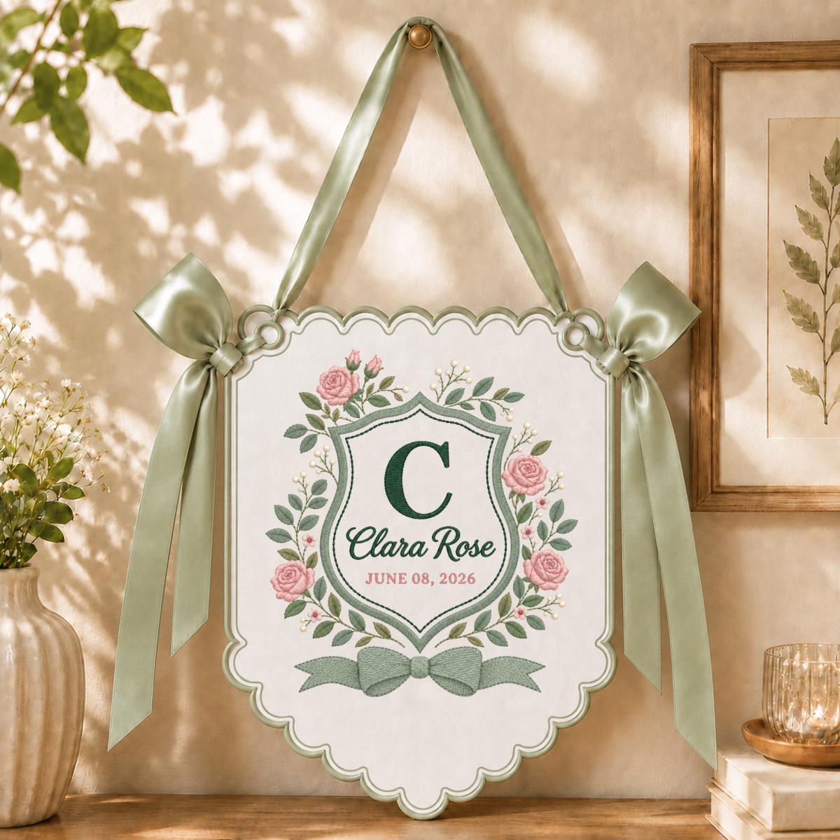 Personalized Name Banner Clara Rose Floral Wall Decor Initial Embroidered Scalloped Ornament Lavender Bow Custom Baby Girl Gift Art