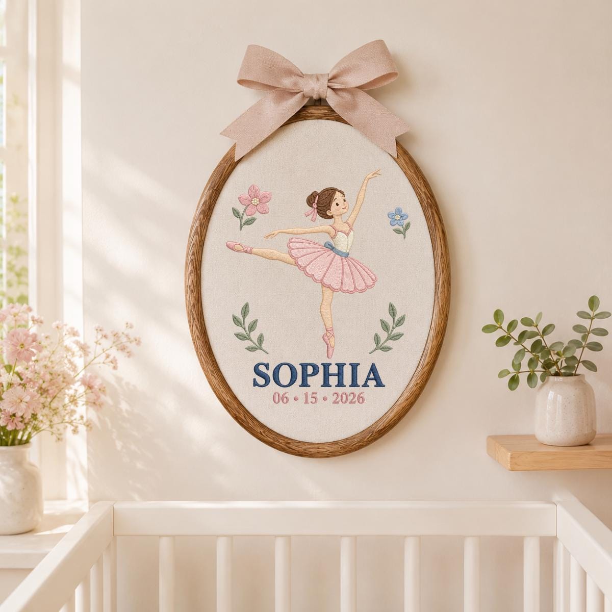 Personalized Ballerina Round Hoop Art, Custom Name Sophia Embroidered Ballet Dancer Gingham Baby Girl Nursery Wall Sign Decor