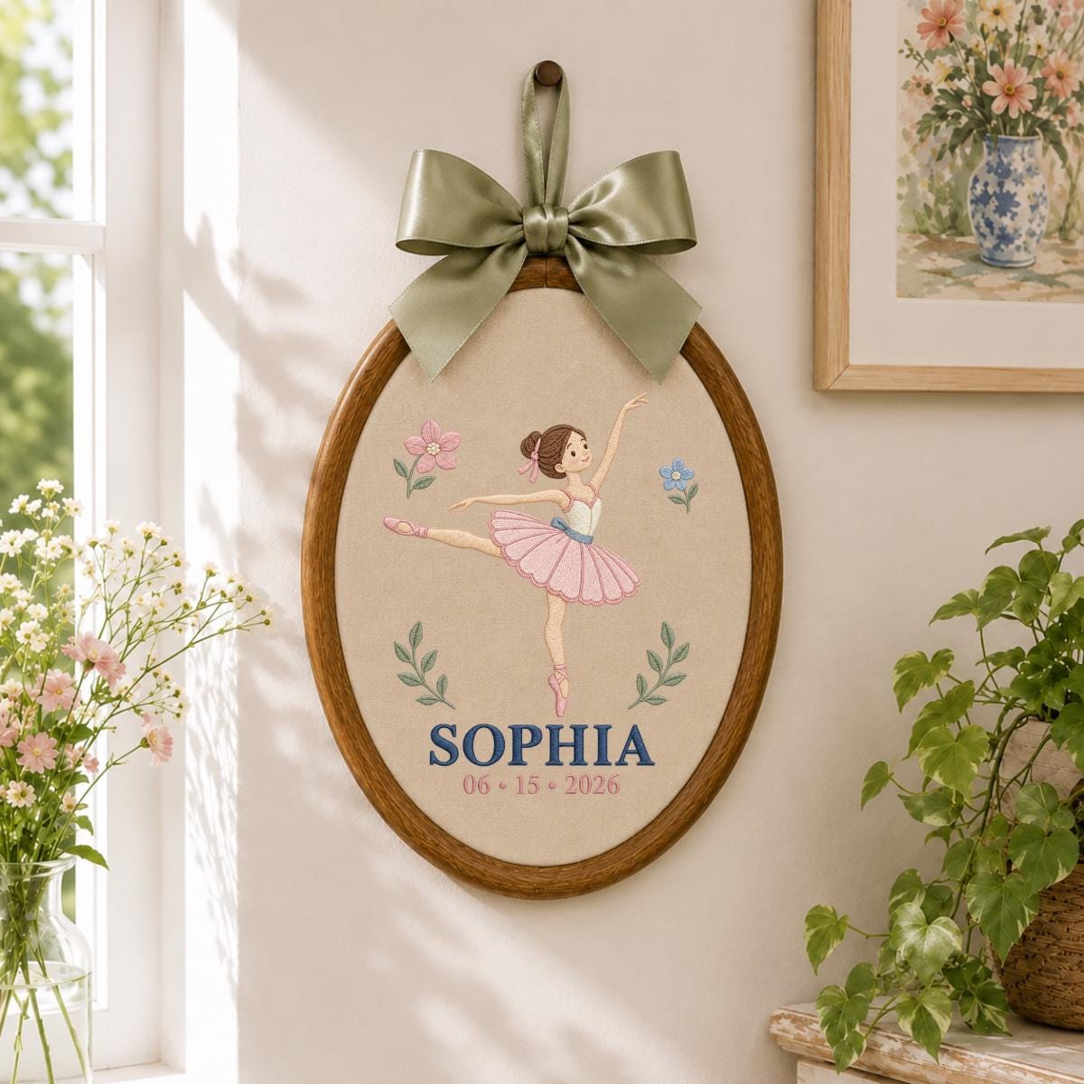 Personalized Ballerina Round Hoop Art, Custom Name Sophia Embroidered Ballet Dancer Gingham Baby Girl Nursery Wall Sign Decor