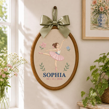Personalized Ballerina Round Hoop Art, Custom Name Sophia Embroidered Ballet Dancer Gingham Baby Girl Nursery Wall Sign Decor