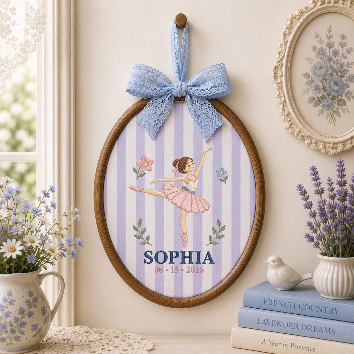 Personalized Ballerina Round Hoop Art, Custom Name Sophia Embroidered Ballet Dancer Gingham Baby Girl Nursery Wall Sign Decor