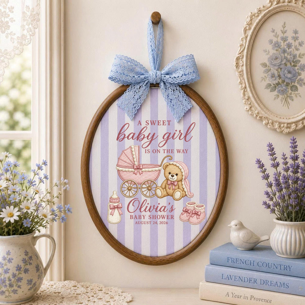 Personalized Baby Shower Embroidered Ornament, Baby Girl Announcement Keepsake, Teddy Bear Nursery Decor, New Mom Gift, Custom Baby Name