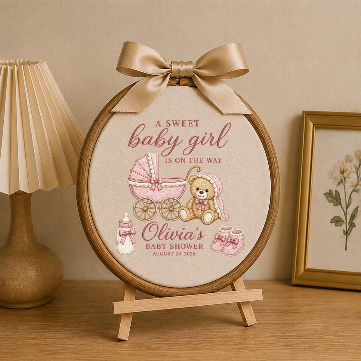 Personalized Baby Shower Embroidered Ornament, Baby Girl Announcement Keepsake, Teddy Bear Nursery Decor, New Mom Gift, Custom Baby Name