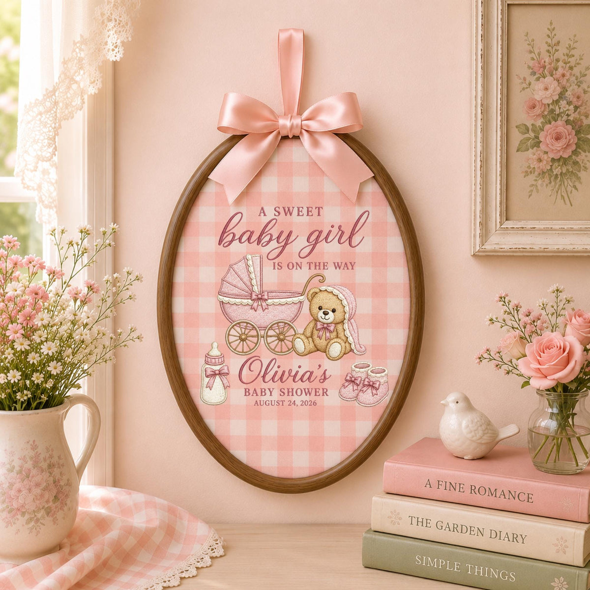 Personalized Baby Shower Embroidered Ornament, Baby Girl Announcement Keepsake, Teddy Bear Nursery Decor, New Mom Gift, Custom Baby Name