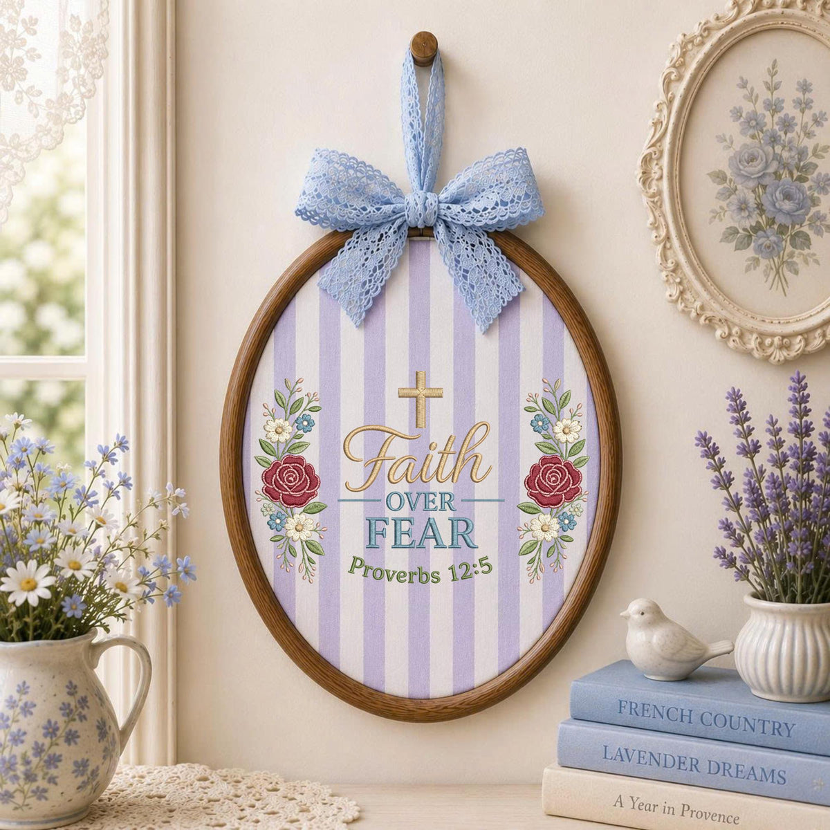 Personalized Christian Faith Embroidered Ornament, Faith Over Fear Bible Verse Decor, Floral Cross Religious Gift, Christian Keepsake