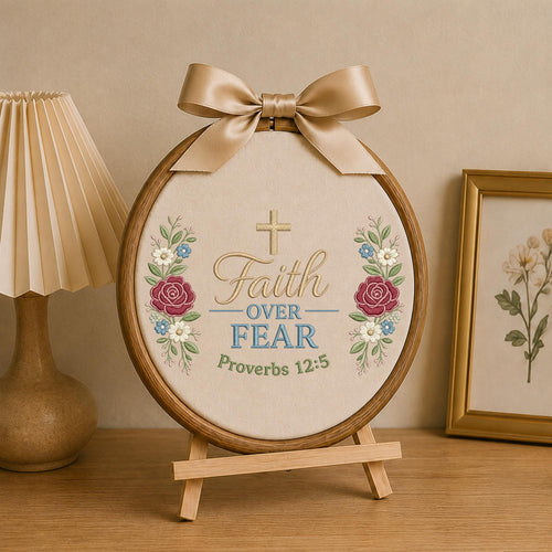 Personalized Christian Faith Embroidered Ornament, Faith Over Fear Bible Verse Decor, Floral Cross Religious Gift, Christian Keepsake
