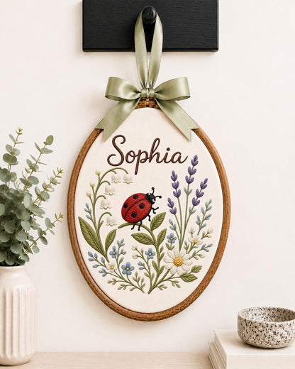 Personalized Ladybug Floral Embroidered Ornament, Custom Baby Name Hoop, Wildflower Nursery Decor, Baby Girl Gift, Newborn Keepsake