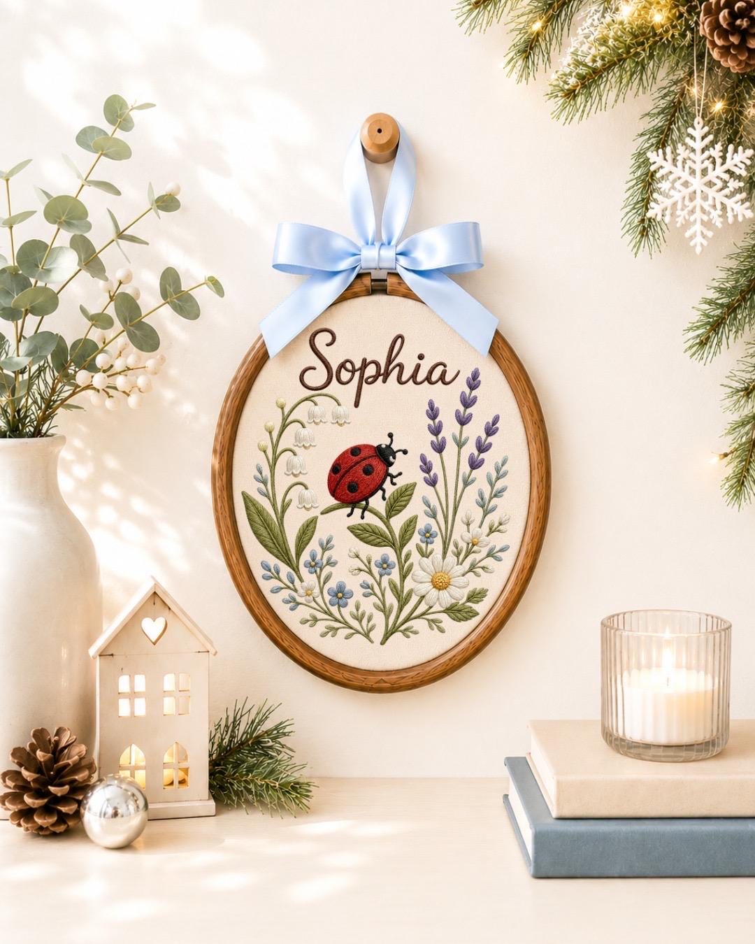 Personalized Ladybug Floral Embroidered Ornament, Custom Baby Name Hoop, Wildflower Nursery Decor, Baby Girl Gift, Newborn Keepsake