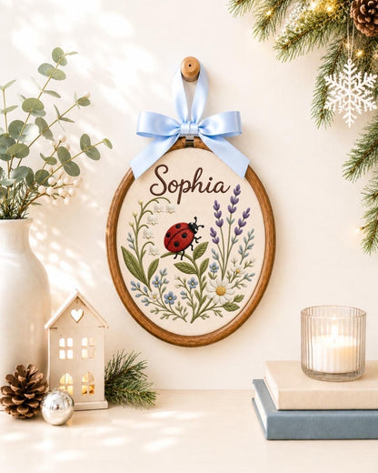 Personalized Ladybug Floral Embroidered Ornament, Custom Baby Name Hoop, Wildflower Nursery Decor, Baby Girl Gift, Newborn Keepsake