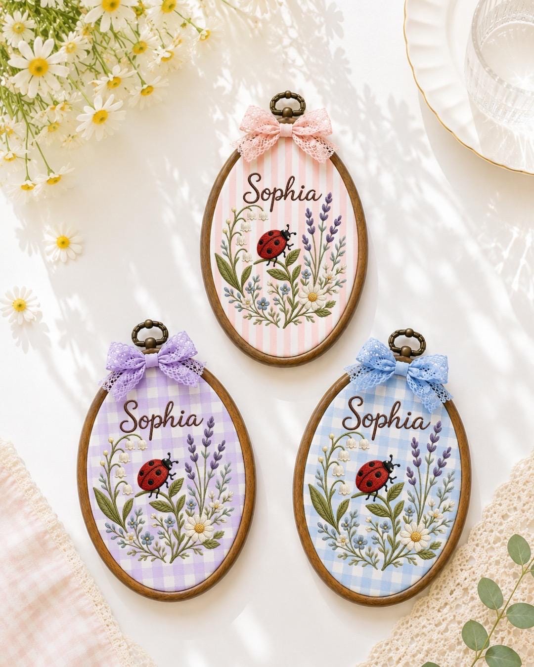 Personalized Ladybug Floral Embroidered Ornament, Custom Baby Name Hoop, Wildflower Nursery Decor, Baby Girl Gift, Newborn Keepsake