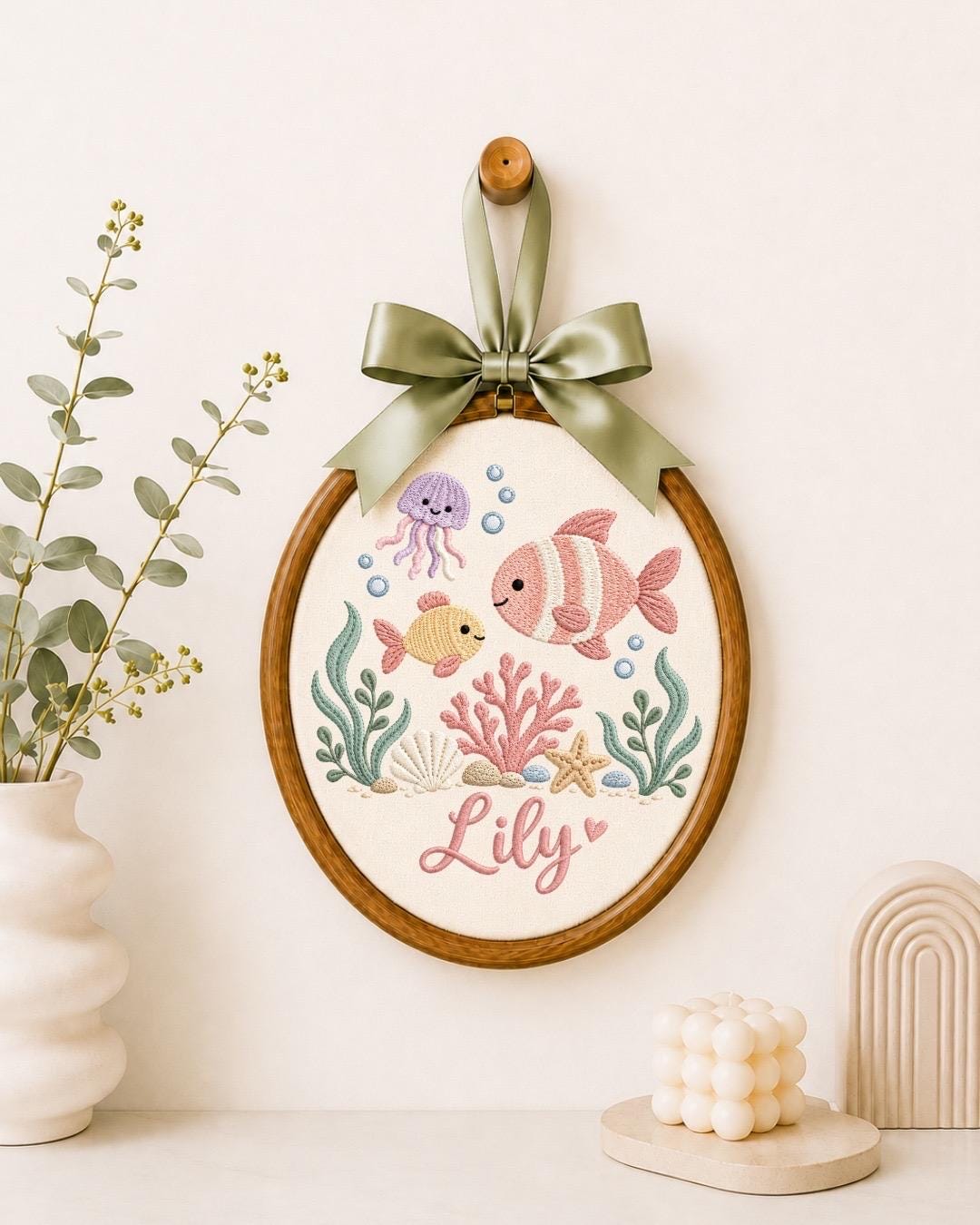 Personalized Ocean Baby Embroidered Ornament, Custom Baby Name Hoop, Under the Sea Nursery Decor, Sea Life Baby Gift, Newborn Keepsake