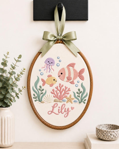 Personalized Ocean Baby Embroidered Ornament, Custom Baby Name Hoop, Under the Sea Nursery Decor, Sea Life Baby Gift, Newborn Keepsake