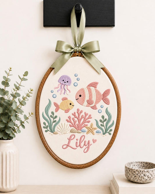 Personalized Ocean Baby Embroidered Ornament, Custom Baby Name Hoop, Under the Sea Nursery Decor, Sea Life Baby Gift, Newborn Keepsake