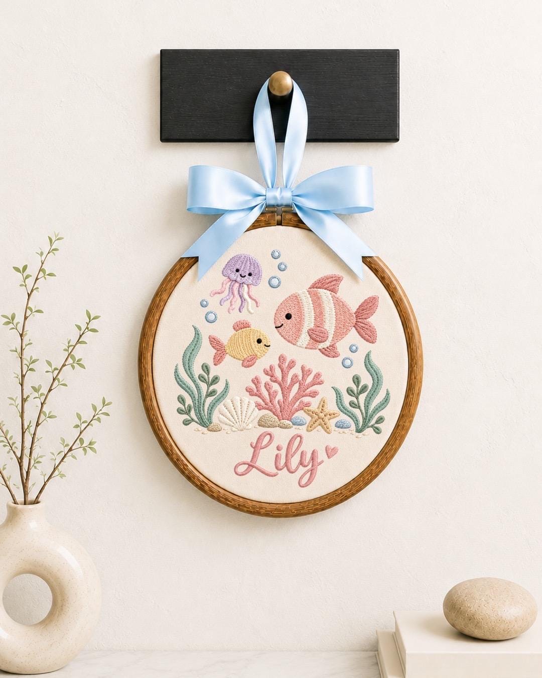 Personalized Ocean Baby Embroidered Ornament, Custom Baby Name Hoop, Under the Sea Nursery Decor, Sea Life Baby Gift, Newborn Keepsake