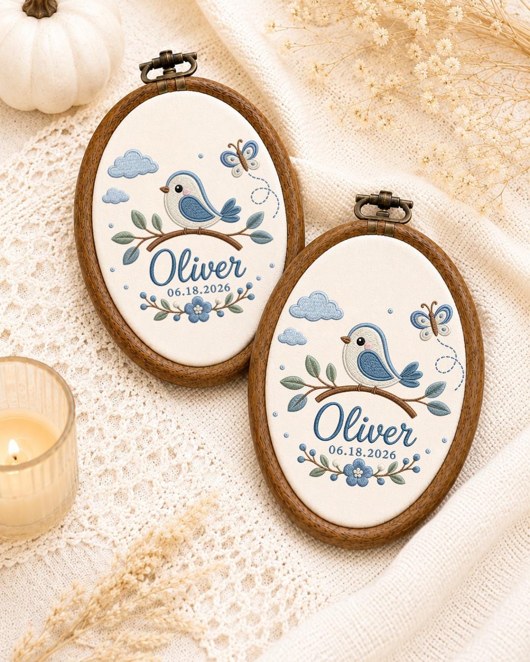 Personalized Blue Bird Embroidered Ornament, Custom Baby Name Hoop, Butterfly Floral Nursery Decor, Newborn Keepsake, Baby Boy Gift