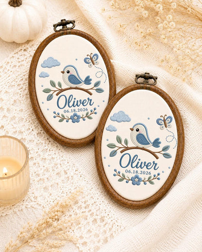Personalized Blue Bird Embroidered Ornament, Custom Baby Name Hoop, Butterfly Floral Nursery Decor, Newborn Keepsake, Baby Boy Gift