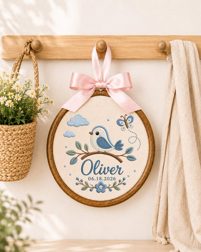 Personalized Blue Bird Embroidered Ornament, Custom Baby Name Hoop, Butterfly Floral Nursery Decor, Newborn Keepsake, Baby Boy Gift