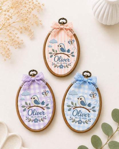Personalized Blue Bird Embroidered Ornament, Custom Baby Name Hoop, Butterfly Floral Nursery Decor, Newborn Keepsake, Baby Boy Gift