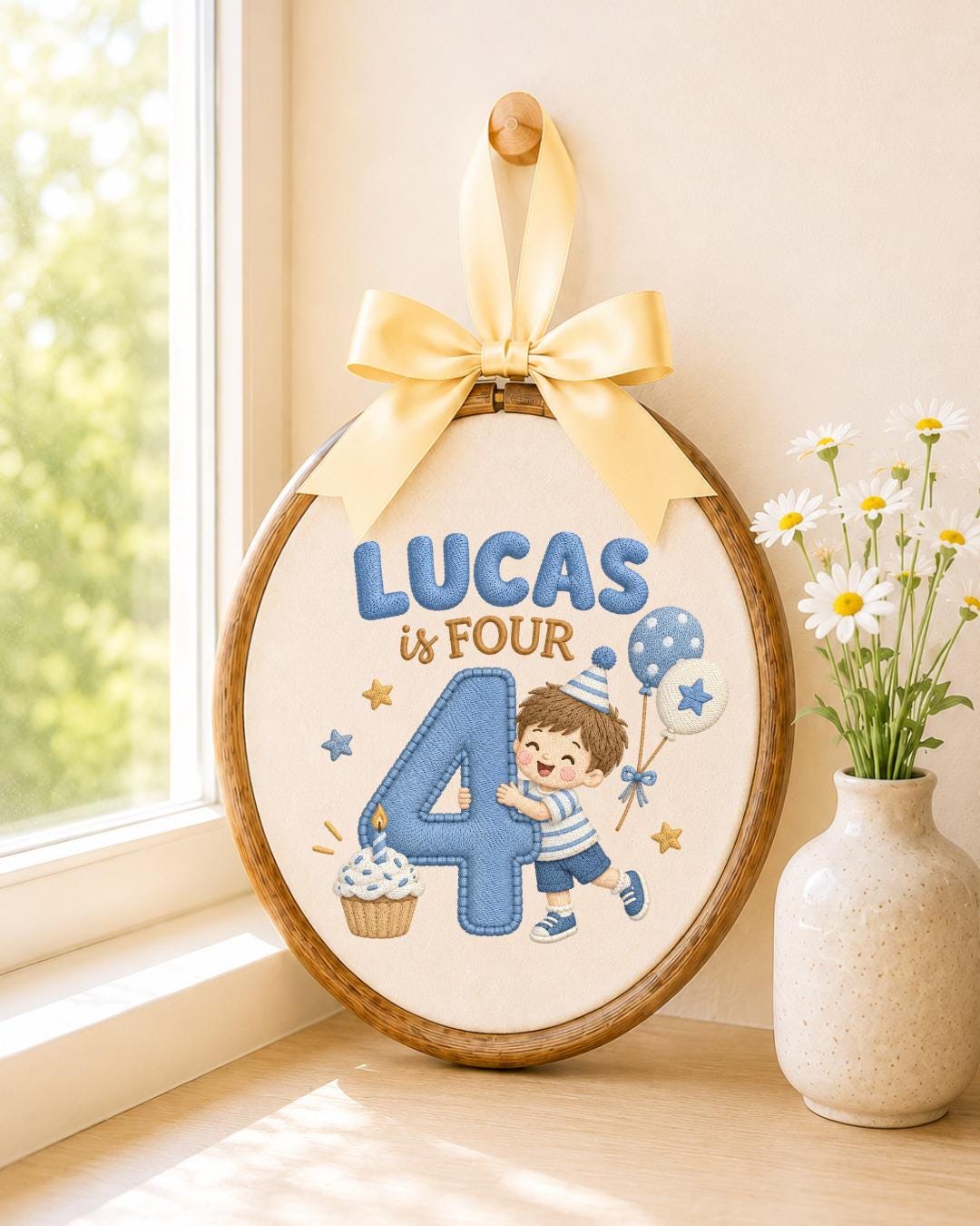 Personalized 4th Birthday Embroidered Ornament, Custom Boy Name Hoop, Fourth Birthday Gift, Birthday Keepsake, Kids Room Decor