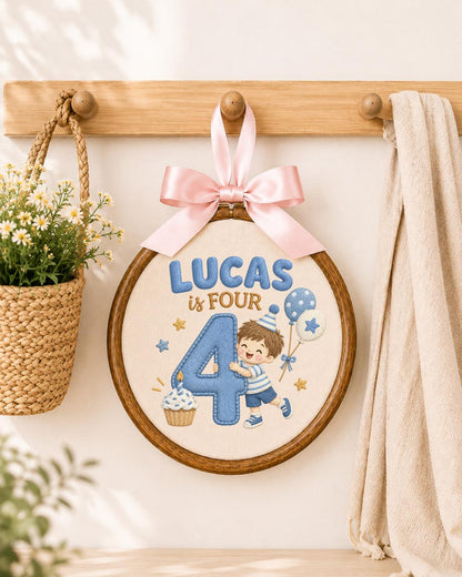 Personalized 4th Birthday Embroidered Ornament, Custom Boy Name Hoop, Fourth Birthday Gift, Birthday Keepsake, Kids Room Decor