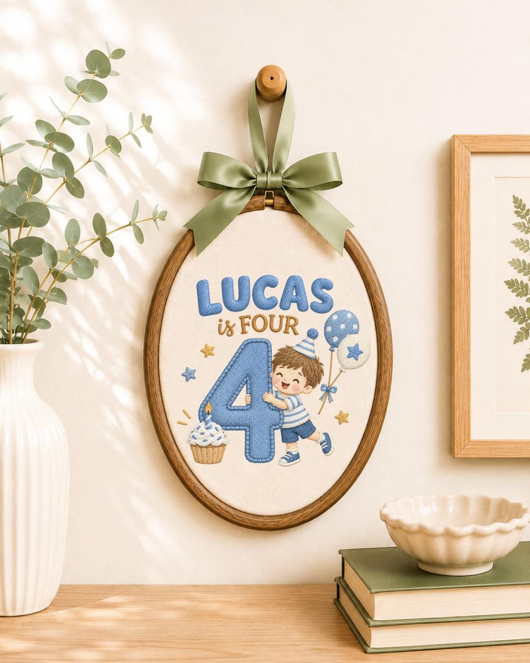 Personalized 4th Birthday Embroidered Ornament, Custom Boy Name Hoop, Fourth Birthday Gift, Birthday Keepsake, Kids Room Decor