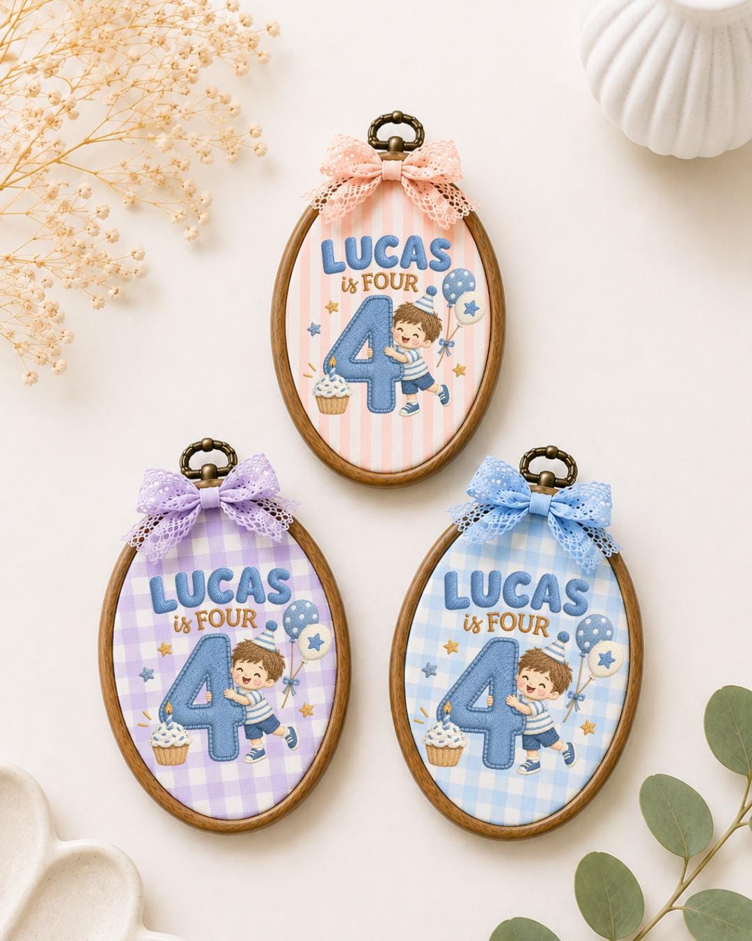 Personalized 4th Birthday Embroidered Ornament, Custom Boy Name Hoop, Fourth Birthday Gift, Birthday Keepsake, Kids Room Decor