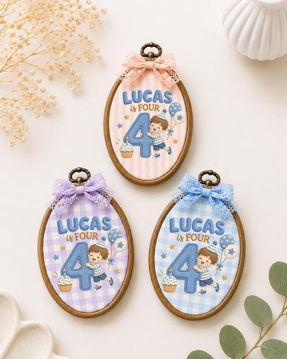 Personalized 4th Birthday Embroidered Ornament, Custom Boy Name Hoop, Fourth Birthday Gift, Birthday Keepsake, Kids Room Decor