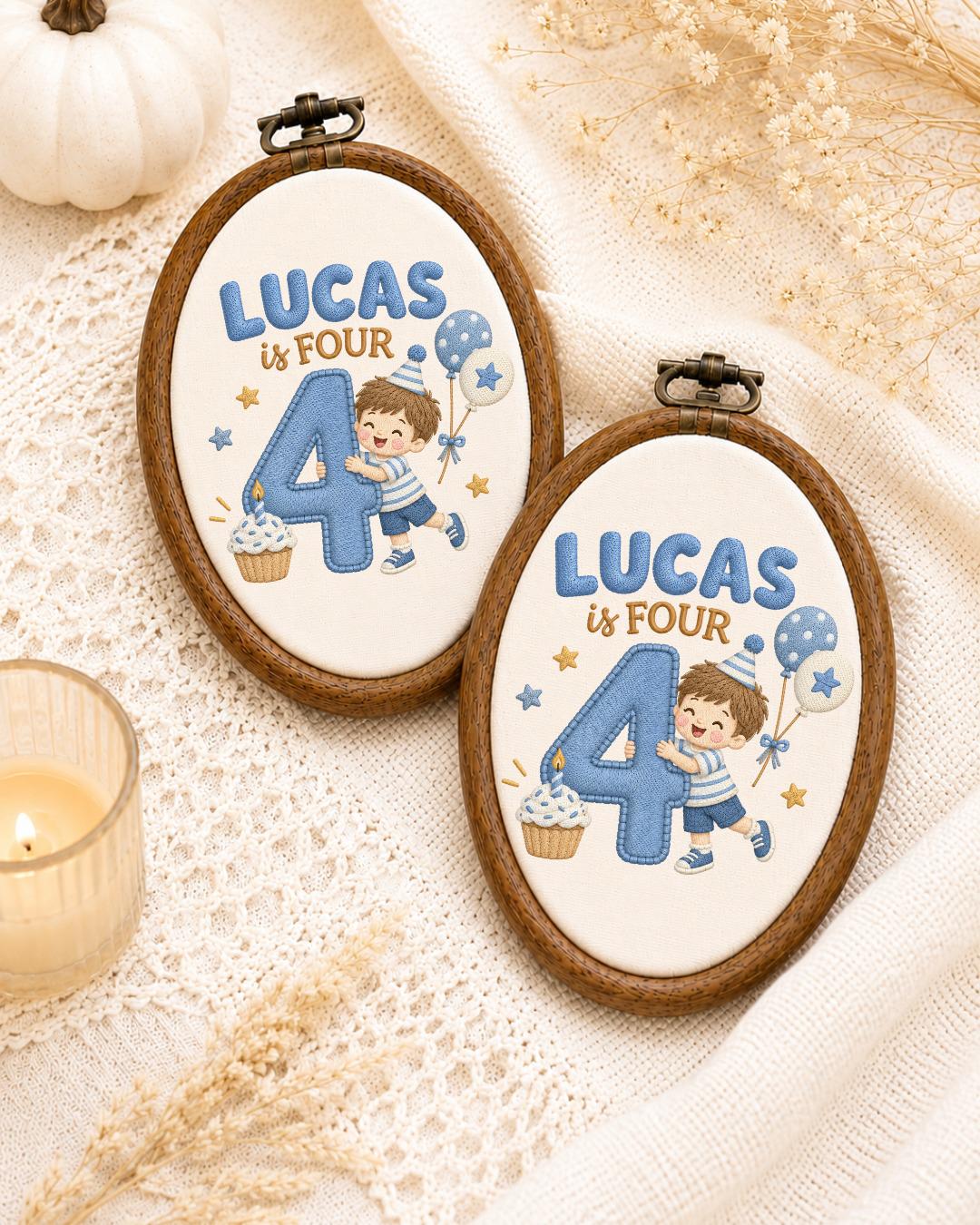 Personalized 4th Birthday Embroidered Ornament, Custom Boy Name Hoop, Fourth Birthday Gift, Birthday Keepsake, Kids Room Decor