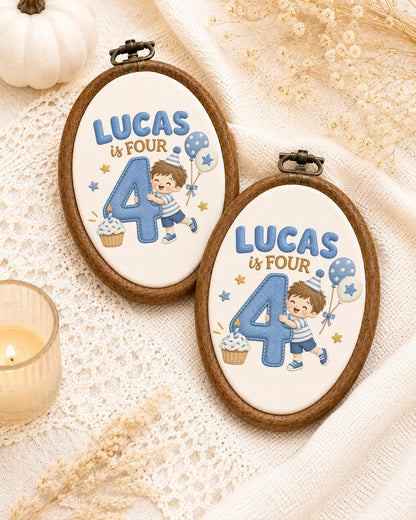 Personalized 4th Birthday Embroidered Ornament, Custom Boy Name Hoop, Fourth Birthday Gift, Birthday Keepsake, Kids Room Decor