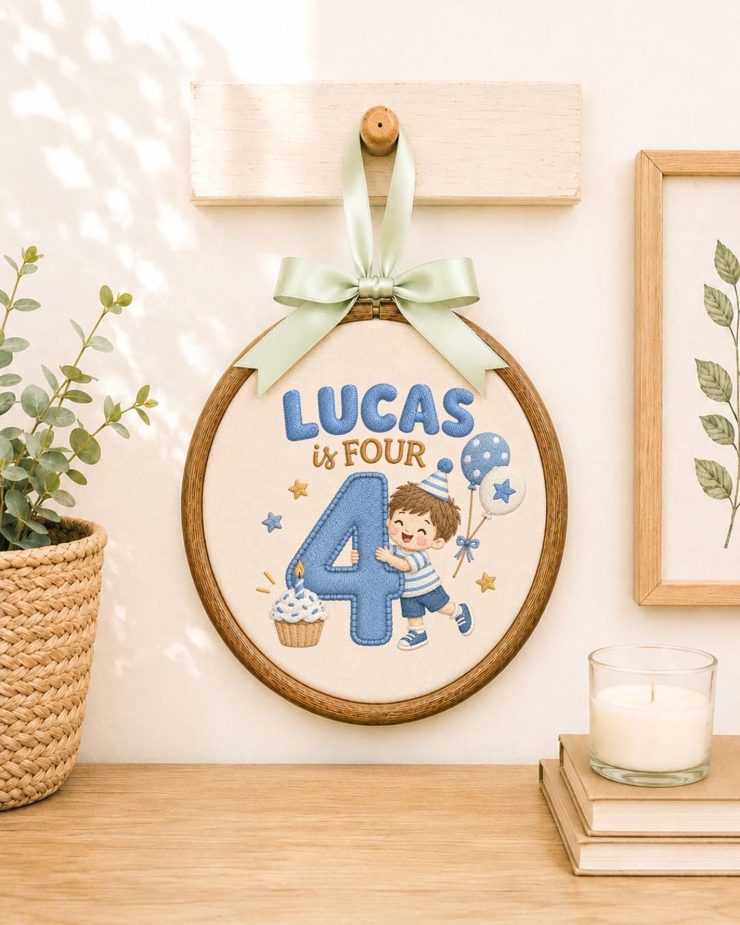 Personalized 4th Birthday Embroidered Ornament, Custom Boy Name Hoop, Fourth Birthday Gift, Birthday Keepsake, Kids Room Decor