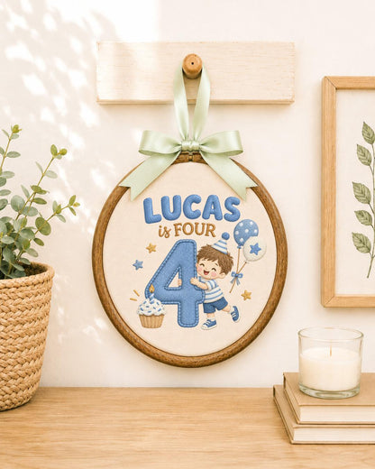 Personalized 4th Birthday Embroidered Ornament, Custom Boy Name Hoop, Fourth Birthday Gift, Birthday Keepsake, Kids Room Decor