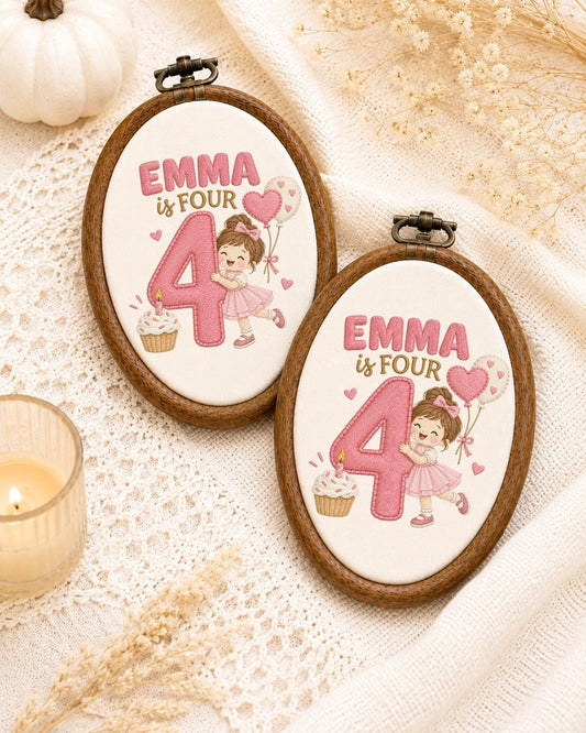Personalized 4th Birthday Embroidered Ornament, Custom Girl Name Hoop, Fourth Birthday Gift, Pink Birthday Keepsake, Kids Room Decor